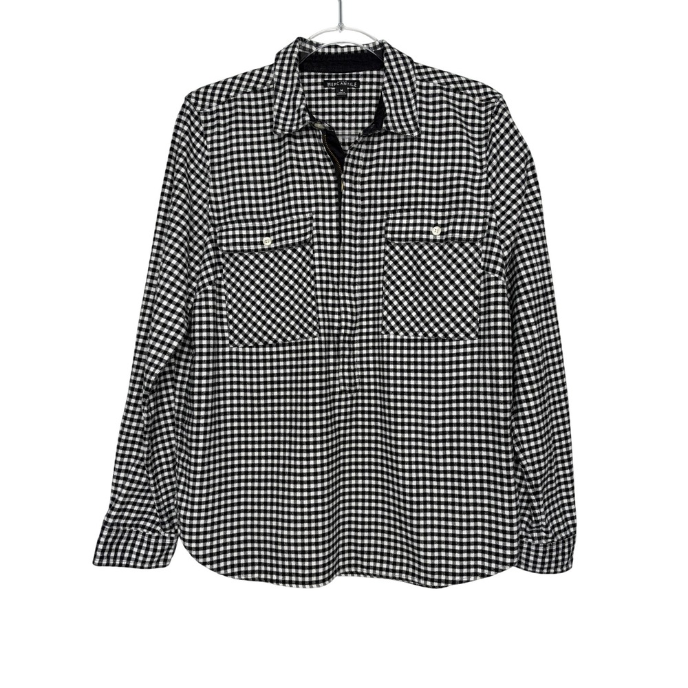 J Crew Mercantile Popover Shirt M Black White Gingham Flannel Zip Front J5265